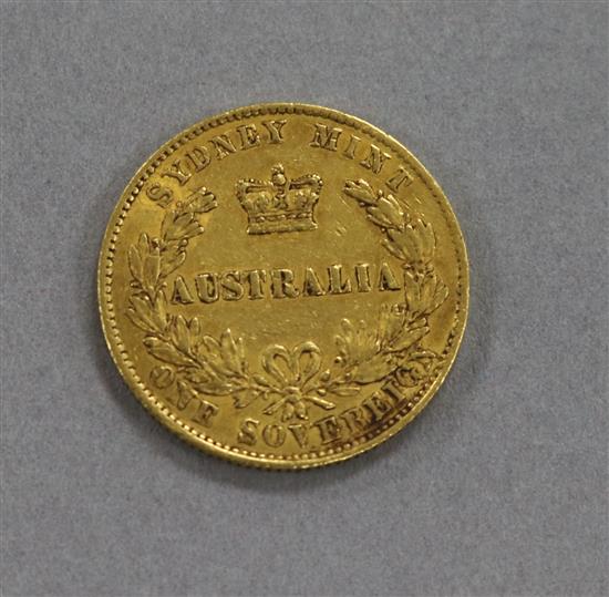 An Australian 1864 gold sovereign.